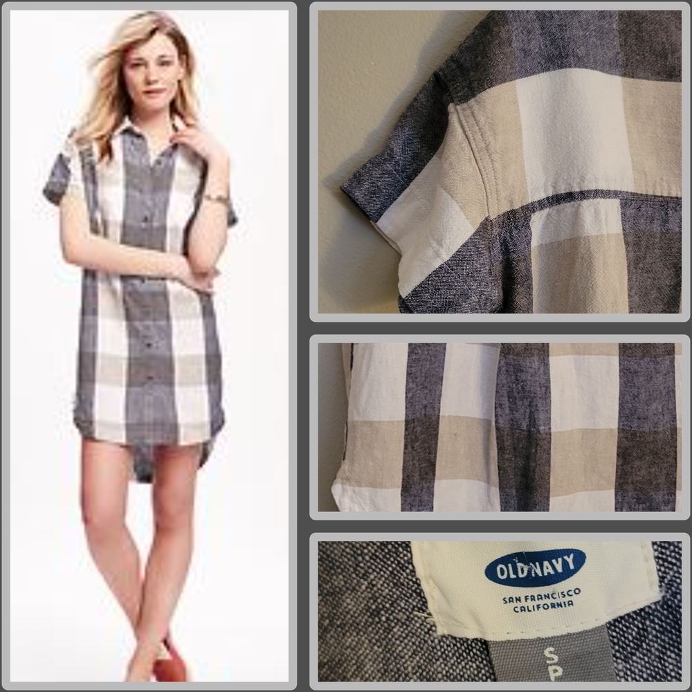 Linen/Rayon Shirt Dress in Gray, White, and Light Tan Plaid